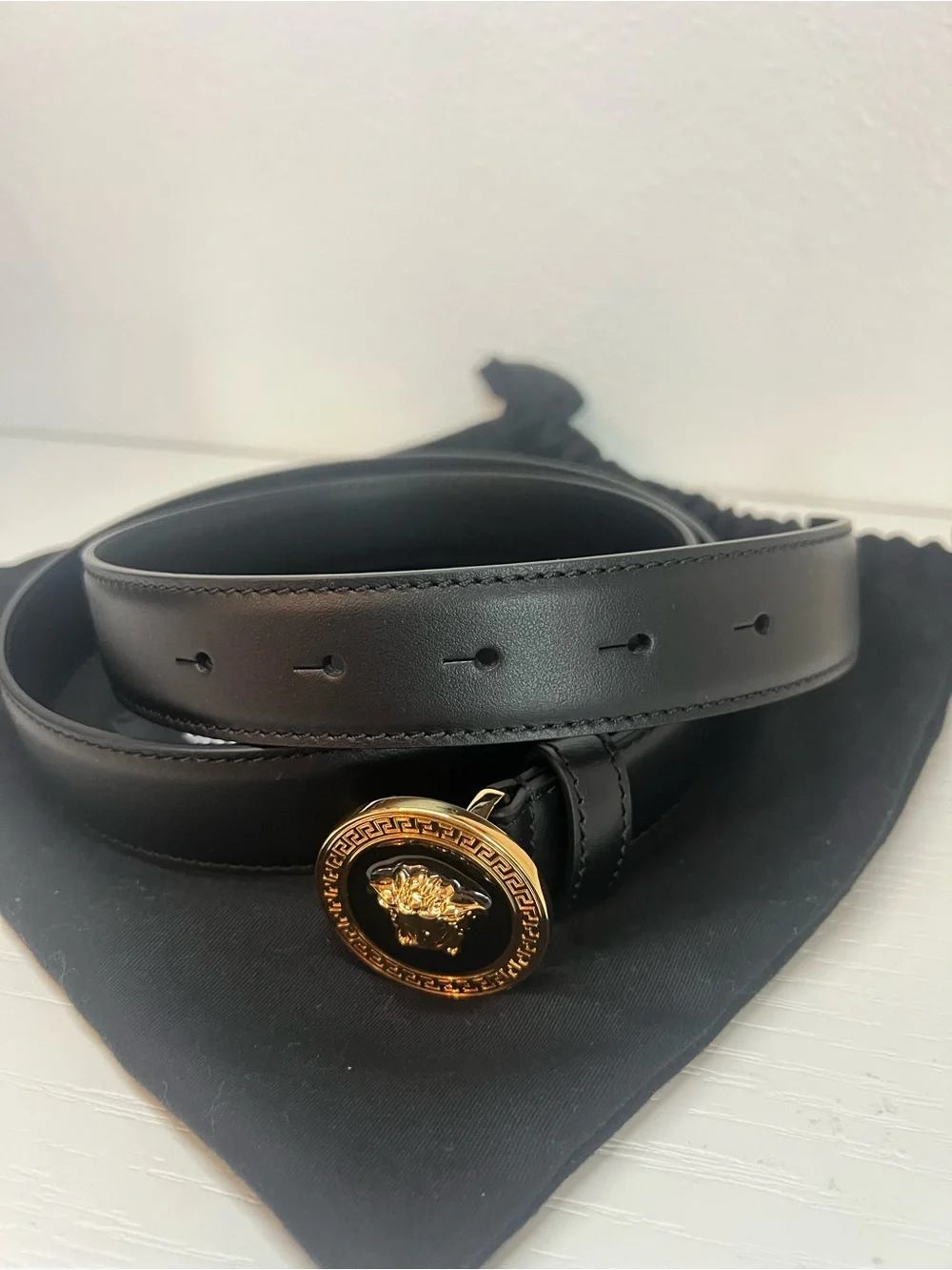 Versace Black Leather Belt with Gold Medusa Round Buckle